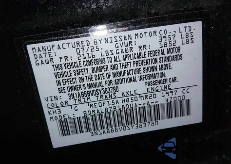 2025 Nissan Sentra S z USA, uszkodzony, nr VIN 3N1AB8BV0SY383780